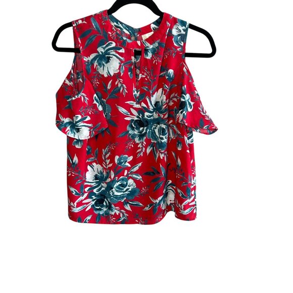 Japna Red Floral Cold Shoulder Boho Chic Blouse Size Medium - Picture 1 of 7